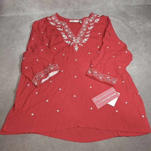 Cathy Daniels Tops - Cathy Daniels 2X Womens Embroidered Red And White Top Blouse